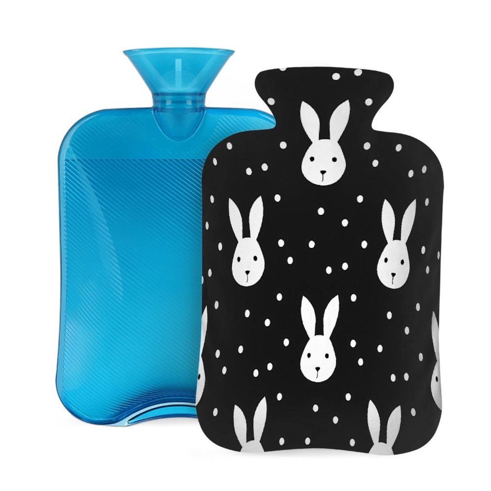 Mexpekil Cute Rabbit Bunny Polka Dots Hot Water Bottle with Cover, 2L PVC Hot Water Bag for Pain Relief, Feet, Back, Warmth