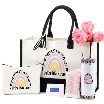 Geiserailie 8 Pcs Veterinarian Gifts for Women Including Large Tote Bag Cosmetic Bags Tumbler Cup Plush Socks Metal Keychain Card and Envelope for Christmas Veterinarian Week Thank You Gifts