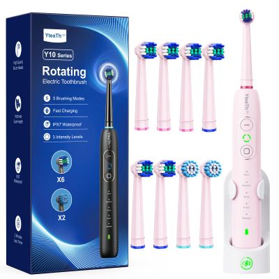 Rotating Electric Toothbrush with 8 Brush Heads for Adults and Kids, 3 Intensities 5 Modes, Wireless Wall Charging Station, Sonic Toothbrush with 2-Minute Smart Timer (Pink)
