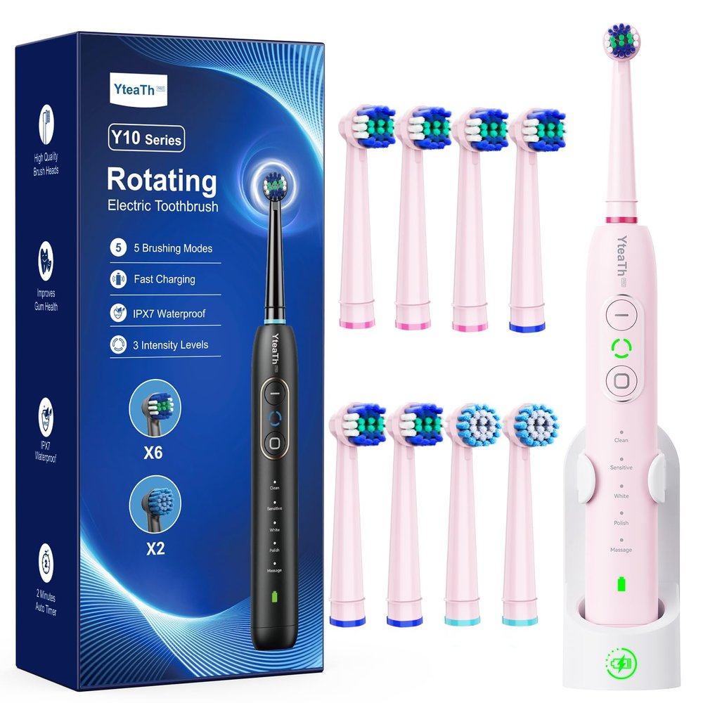 Rotating Electric Toothbrush with 8 Brush Heads for Adults and Kids, 3 Intensities 5 Modes, Wireless Wall Charging Station, Sonic Toothbrush with 2-Minute Smart Timer (Pink)