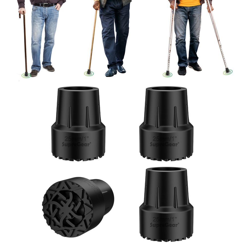 supregear Rubber Walking Stick Ends 25 mm, Anti-Slip Durable Replacement Ferrules with Metal Insert for Enhanced Stability, Shock-Absorbing Cane Feet Accessories, Black (4 pcs)