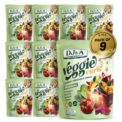 DJ&A Veggie Curls Vegetable Crisps 90g Pack of 9 Crunchy Vegetable Snack with Chickpea, Beetroot, Spinach & Tomato Plant-Based, All-Natural, Low Sodium Savoury Curled Crisps Healthy Snacks