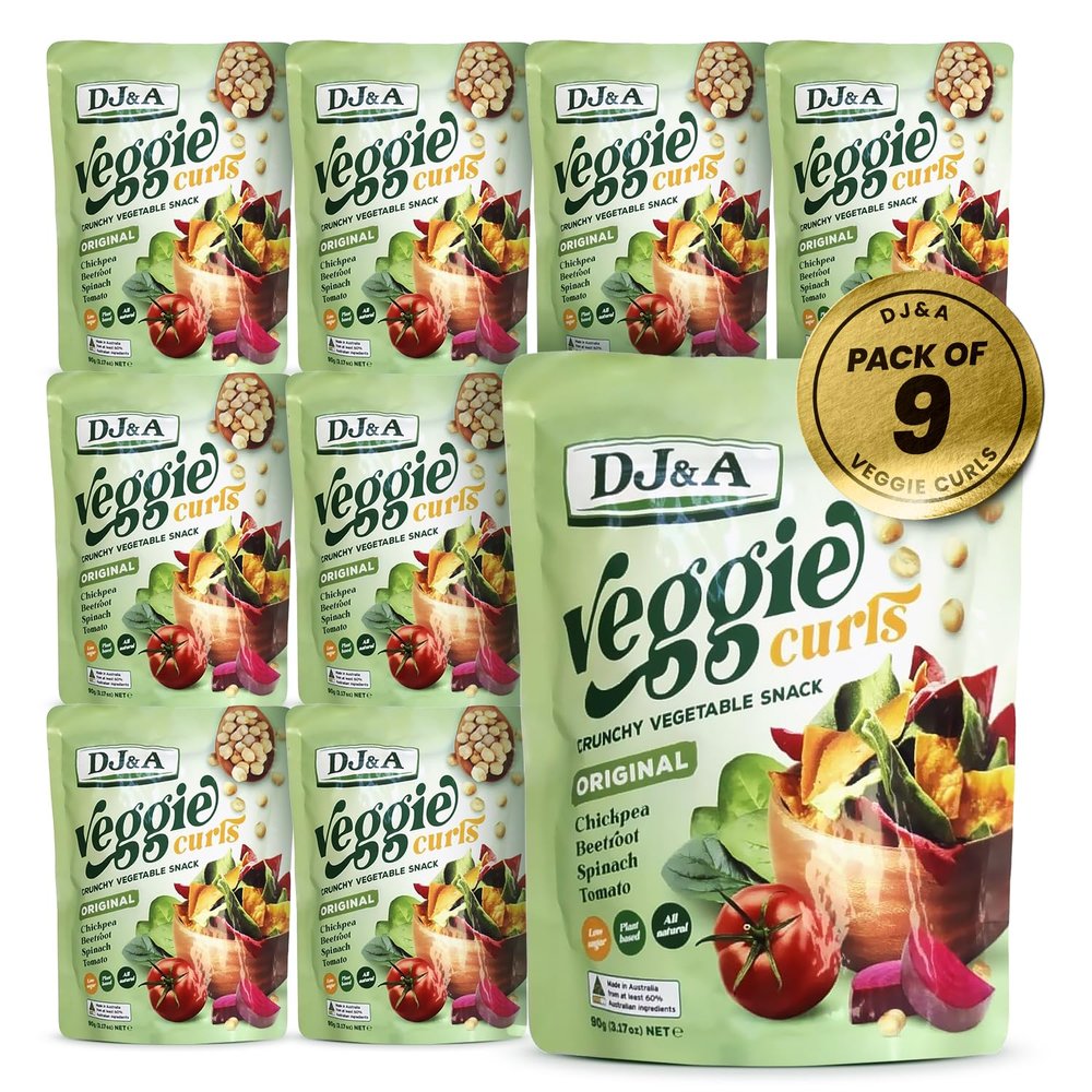 DJ&A Veggie Curls Vegetable Crisps 90g Pack of 9 Crunchy Vegetable Snack with Chickpea, Beetroot, Spinach & Tomato Plant-Based, All-Natural, Low Sodium Savoury Curled Crisps Healthy Snacks