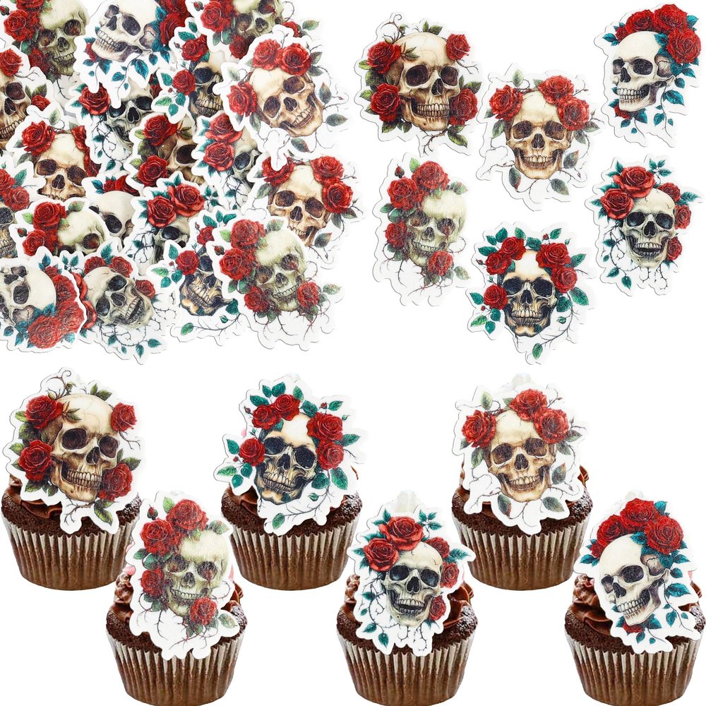 Gyufise 54Pcs Edible Skull Cupcake Toppers Wafer Paper Halloween Skull Cupcake Toppers Roses Skeleton Cupcake Picks for Halloween Eve Theme Party Birthday Baby Shower Decor Supplies Red