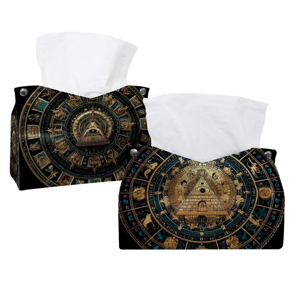 2 pack Bill Cipher Wheel Zodiac (2) Tissue Box Cover Holder - Leather Decorative Organizer for Tabletop, Bathroom, Car, Office