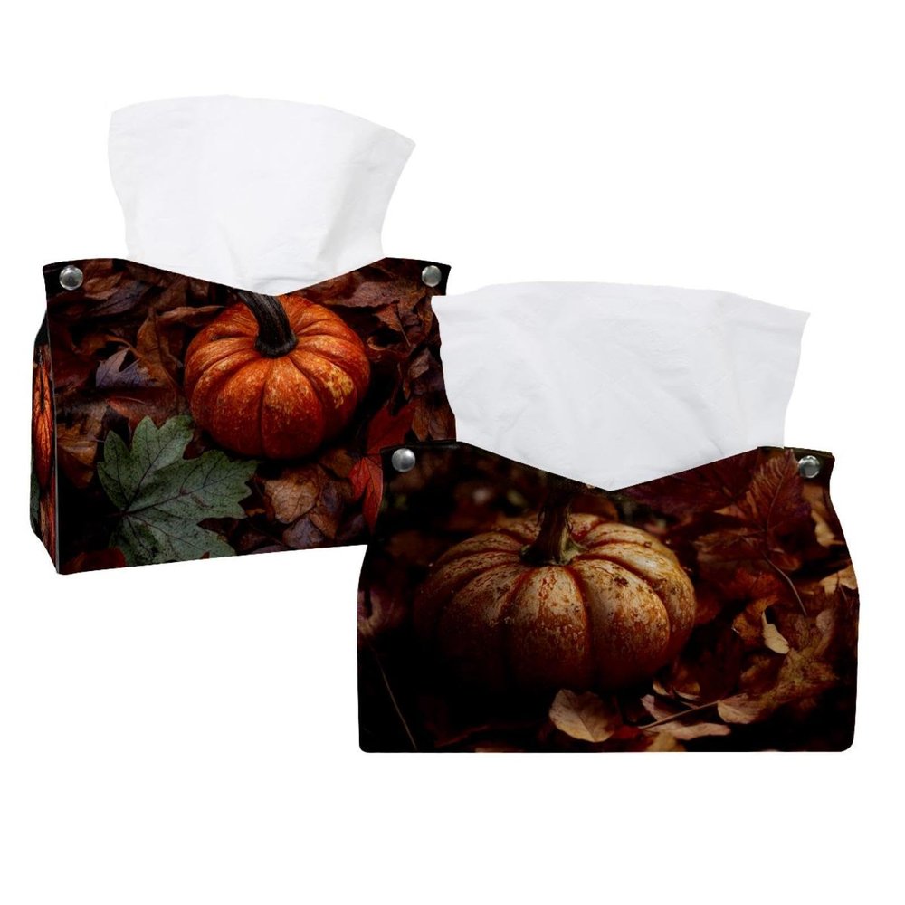 2 pack Autumn Leaves and Pumpkin (3) Tissue Box Cover, Decorative Tissue Box Dispenser for Bathroom, Parlors, Office, Bedroom Dresser, Vanity Countertop, Nightstand, Car, and Desk