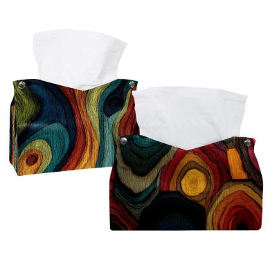 2 pack Colorful Wood Pattern (3) Tissue Box Cover, Decorative Tissue Box Dispenser for Bathroom, Parlors, Office, Bedroom Dresser, Vanity Countertop, Nightstand, Car, and Desk