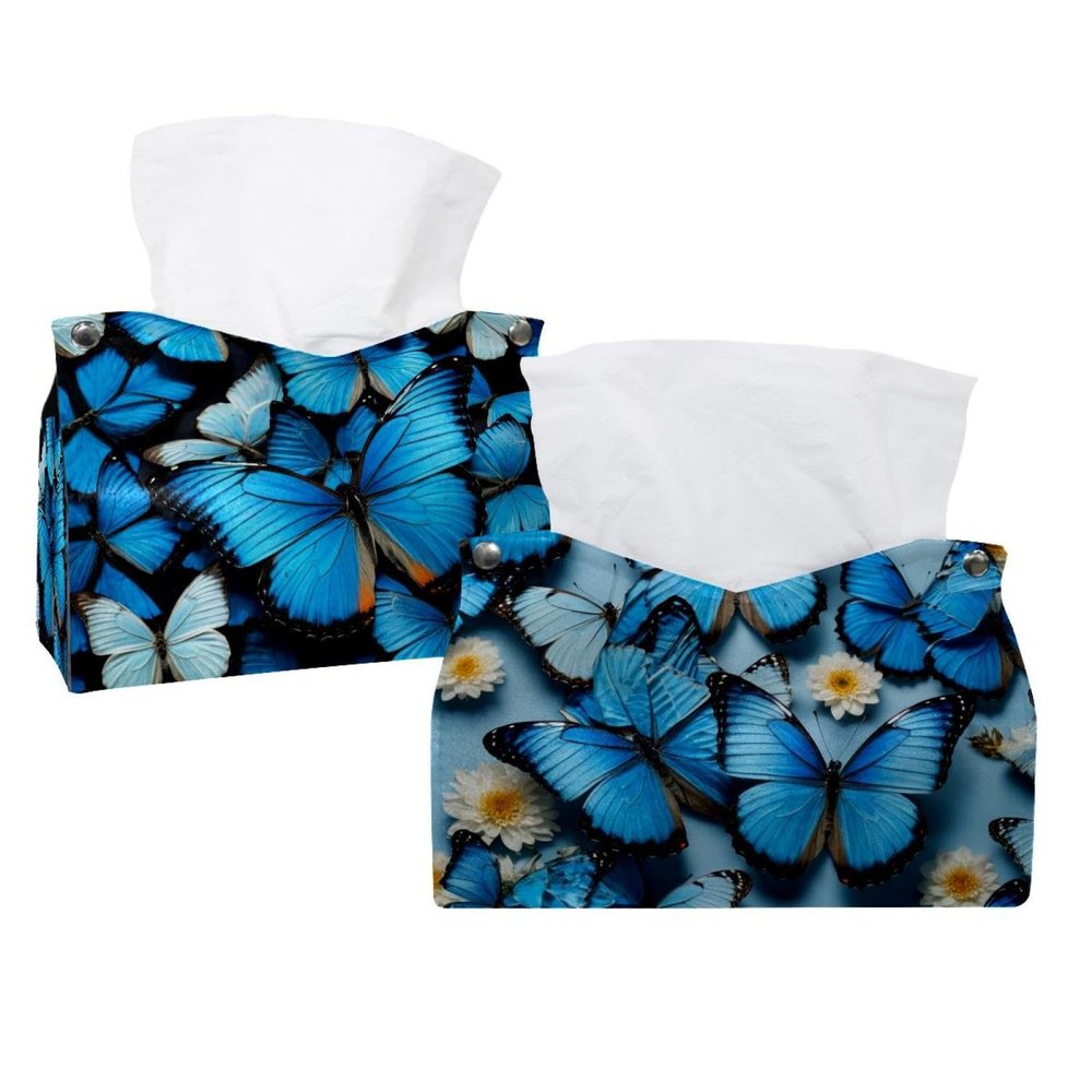 2 pack Blue Butterfly Pattern (3) Tissue Box Cover, Decorative Tissue Box Dispenser for Bathroom, Parlors, Office, Bedroom Dresser, Vanity Countertop, Nightstand, Car, and Desk