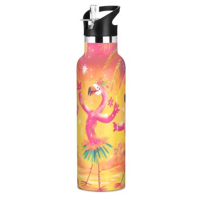 EtherSpher Dancing Flamingos Orange Summer Lightweight Kids Water Bottle with Straw Lid Double-Wall Insulation for School Boys Girls