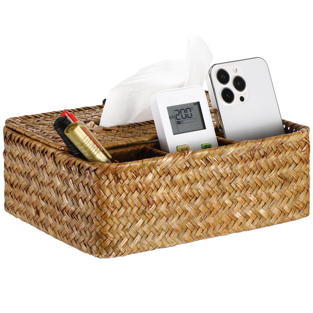 AceOrbit Rectangular Tissue Box Cover with Storage Compartments 9.4 6.7 3.2 Inches Rattan Multi-Compartment Decorative Tissue Box or Home Bathroom Living Room Table Desk Office