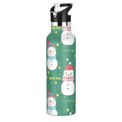 EtherSpher Merry Christmas Snowman Star Green BPA-Free Leak Proof Kids Water Bottle with Straw Double-Wall Insulation for Sport Gym Outdoor Travel School