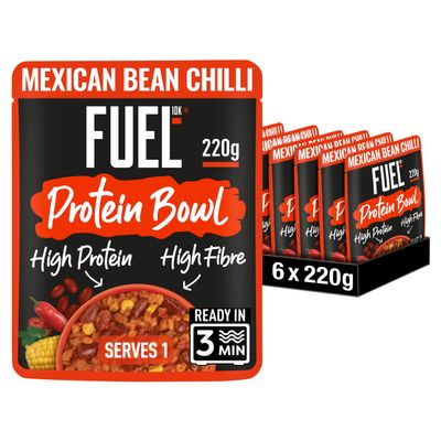 FUEL10K Mexican Bean Chilli Protein Bowl Ready Meal, 220 g (6-Pack)