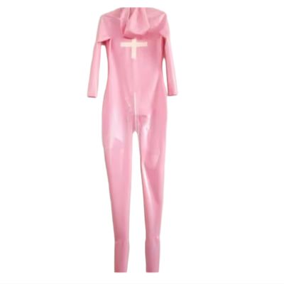 100% Latex Rubber Clothing Set Catsuit Hood Pink Sock Set,Women,L