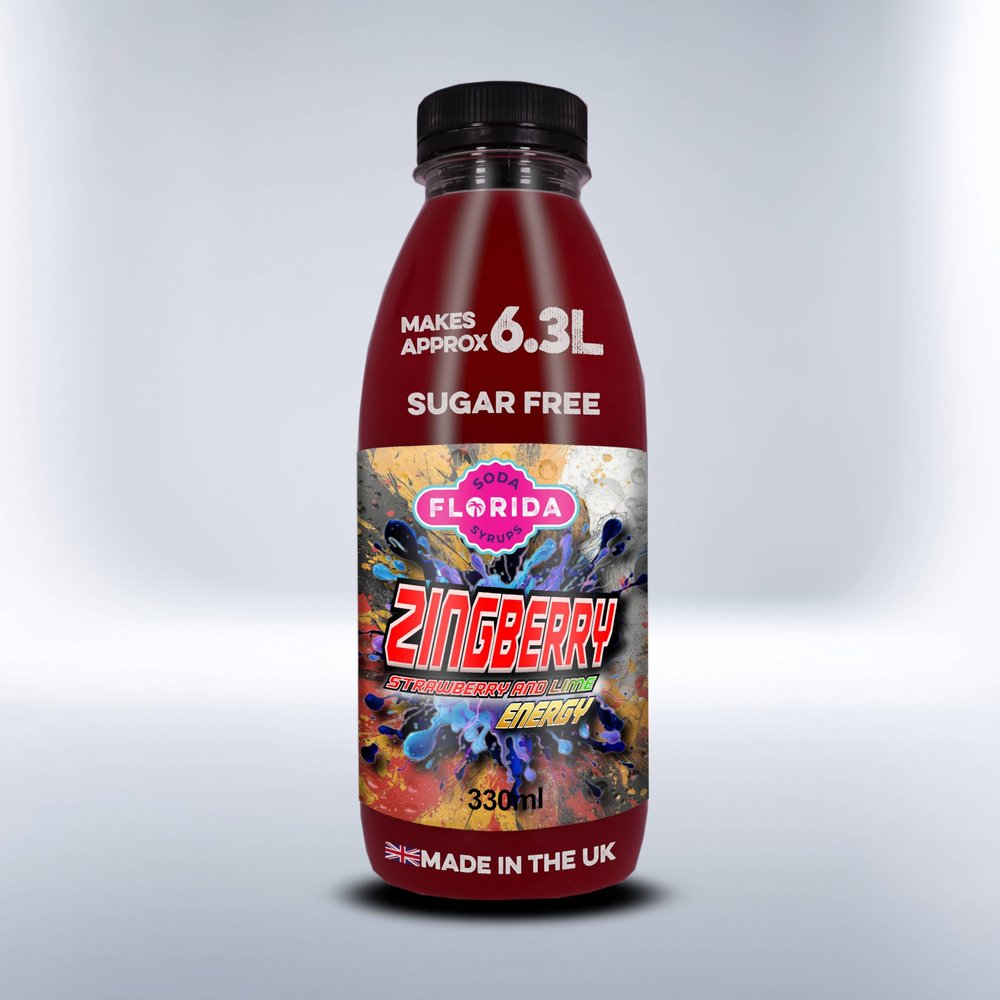 Florida Soda Energy Syrup Compatible with SodaStream - 330ml, 500 ml & 1000ml Lemon Vortex Energy Concentrates, Flavourings For Fizzy Drinks (330ml, Zingberry Sugar Free)