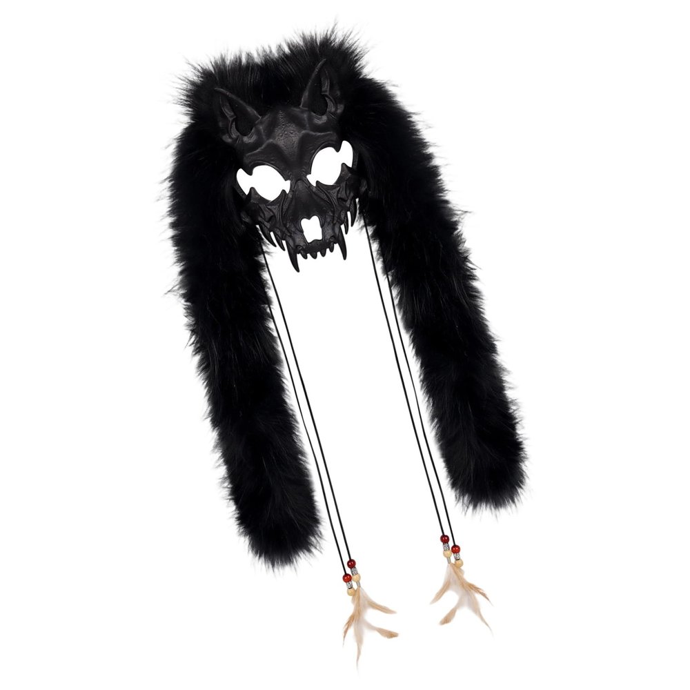 Asukohu Furry Wolf Mask Faux Fur Vikinges Foxes Wendigo Headpiece for Halloween Werewolf Costume Barbararian Cosplay Party Furry Wolf, black, One Size