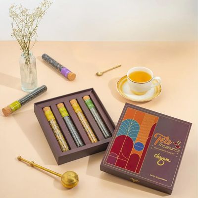 JMS We Create Smile Exotic Tea Treasures Gift Box 4 Premium Loose Leaf Teas in Elegant Glass Tubes Chamomile, Turmeric, Moroccan Mint & Himalayan Green Luxury Tea for Gifting
