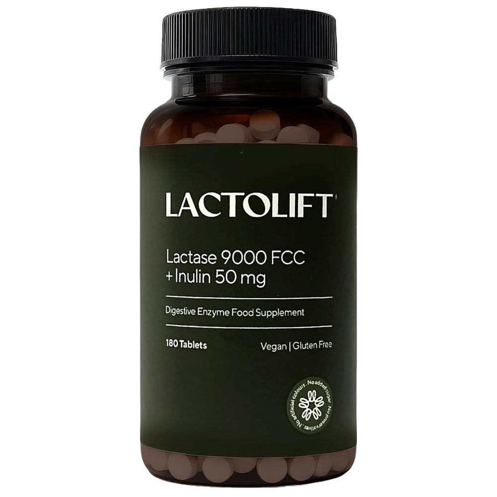 Lactolift Fast-Acting Lactase Tablets 9000 FCC with Inulin | High Strength Digestive Enzyme for Lactose Intolerance Relief | Bloating, Gas & Dairy Support | UK Made | Eco-Friendly Biodegradable Bottle
