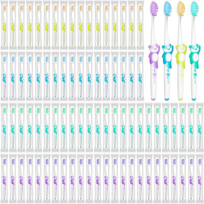 100 Pcs Kids Toothbrush Bulk, Soft Bristle Childrens Toothbrushes with Dust Covers, Individually Wrapped Manual Toothbrush for Hotel Travel Camping (4 Colors)