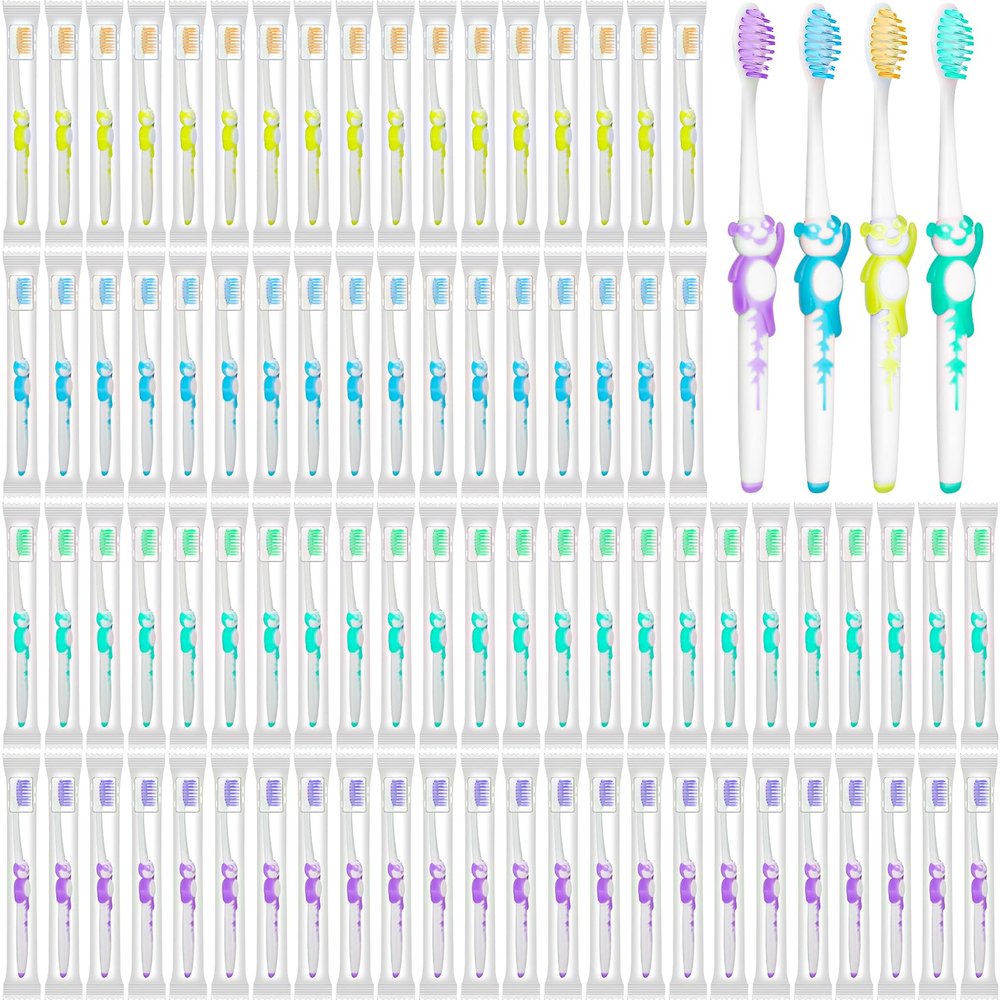 100 Pcs Kids Toothbrush Bulk, Soft Bristle Childrens Toothbrushes with Dust Covers, Individually Wrapped Manual Toothbrush for Hotel Travel Camping (4 Colors)