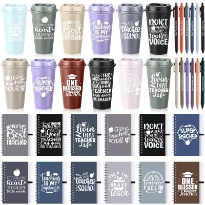 LemonRoad 36 Pcs Teacher Appreciation Gifts Bulk 16 oz Plastic Coffee Cup with Lid and Straw Notebooks and Pens Bulk Christmas Thank You Gift Set for Mentor, Lecturer, Counselor(Modern)