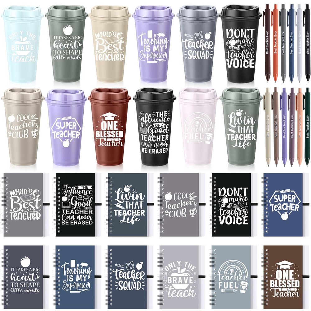 LemonRoad 36 Pcs Teacher Appreciation Gifts Bulk 16 oz Plastic Coffee Cup with Lid and Straw Notebooks and Pens Bulk Christmas Thank You Gift Set for Mentor, Lecturer, Counselor(Modern)