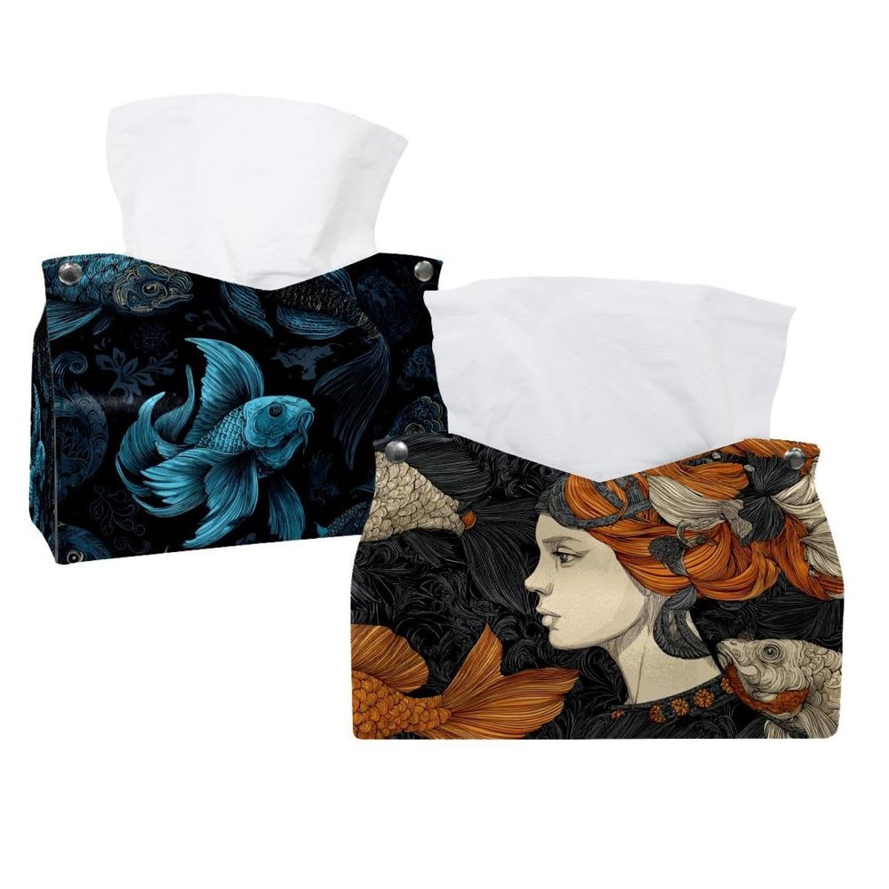 2 pack Fish Mermaid Pattern (2) Tissue Box Cover Leather Facial Tissue Dispenser Box Holder for Dresser Bathroom Decorative