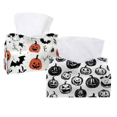 2 pack Seamless Pattern of Halloween Tissue Box Cover Leather Facial Tissue Dispenser Box Holder for Dresser Bathroom Decorative