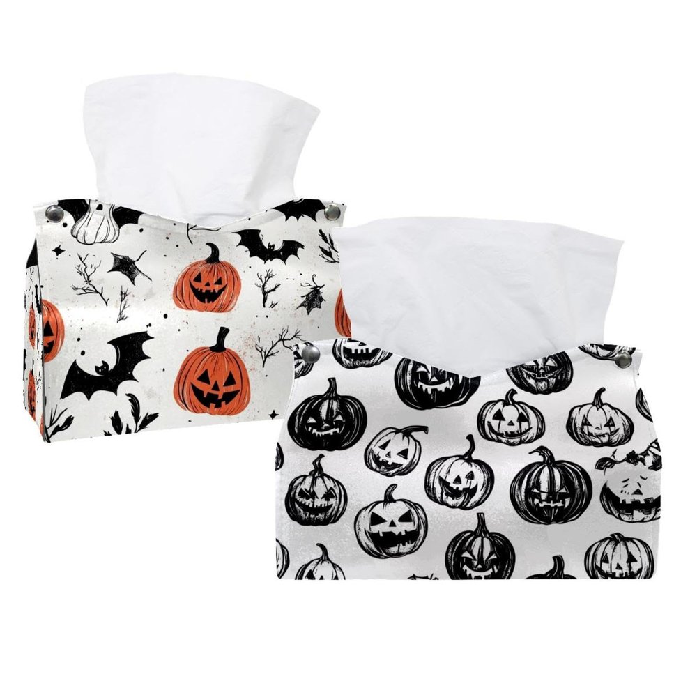2 pack Seamless Pattern of Halloween Tissue Box Cover Leather Facial Tissue Dispenser Box Holder for Dresser Bathroom Decorative