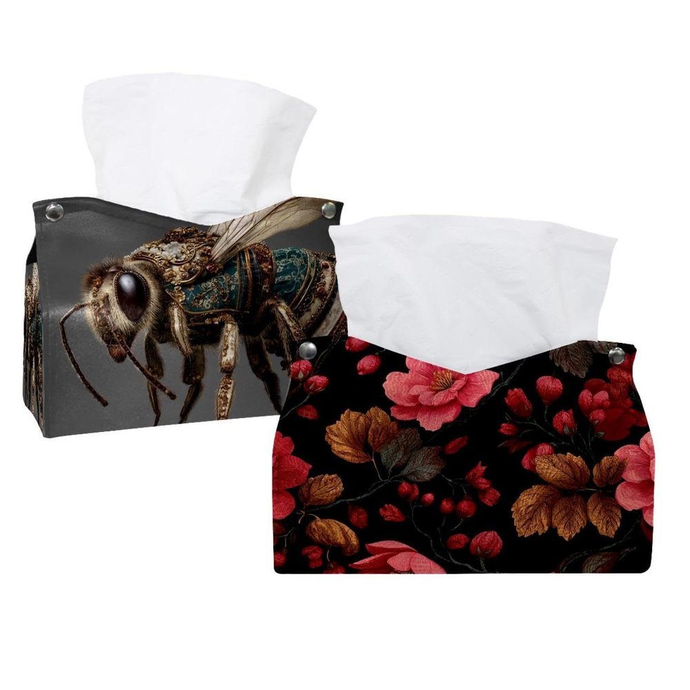 2 pack Textured Floral Vector Pattern (3) Tissue Box Cover, Decorative Tissue Box Dispenser for Bathroom, Parlors, Office, Bedroom Dresser, Vanity Countertop, Nightstand, Car, and Desk
