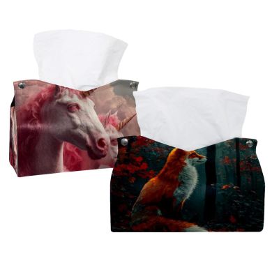 2 pack Autumn Forest Fox (4) Tissue Box Cover, Decorative Tissue Box Dispenser for Bathroom, Parlors, Office, Bedroom Dresser, Vanity Countertop, Nightstand, Car, and Desk