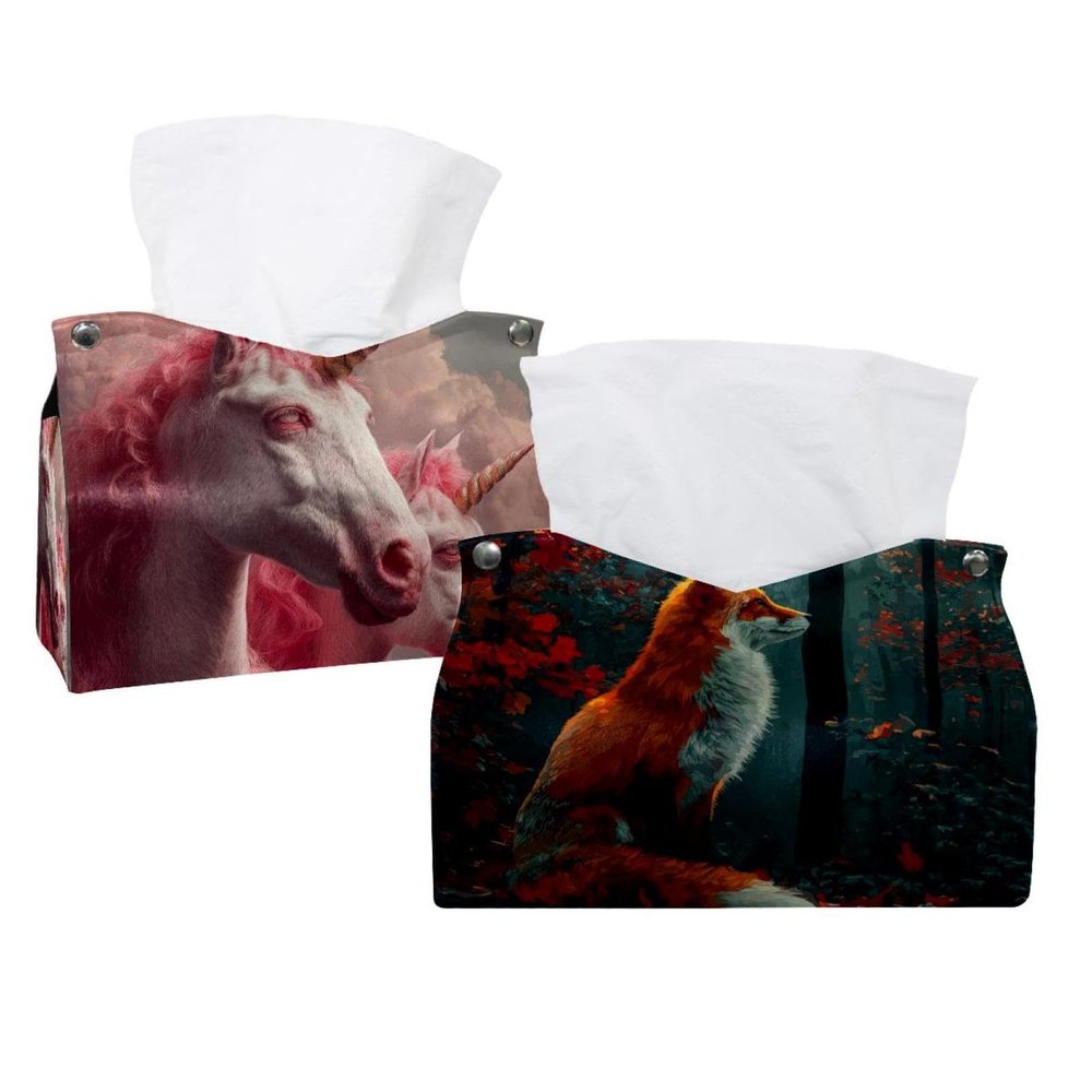 2 pack Autumn Forest Fox (4) Tissue Box Cover, Decorative Tissue Box Dispenser for Bathroom, Parlors, Office, Bedroom Dresser, Vanity Countertop, Nightstand, Car, and Desk