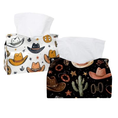2 pack Western Cowboy Hat Cactuses Tissue Box Cover, Decorative Tissue Box Dispenser for Bathroom, Parlors, Office, Bedroom Dresser, Vanity Countertop, Nightstand, Car, and Desk
