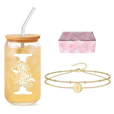 DAMCONME Holiday Gift for Sister or Bestie Gift Set with Initial Glass Cup and Bracelet Thoughtful Present for Appreciation or Christmas