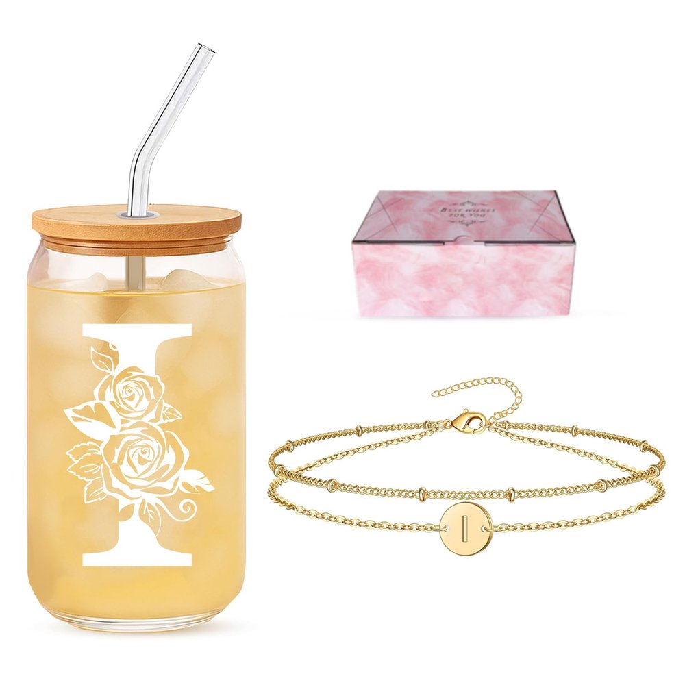 DAMCONME Holiday Gift for Sister or Bestie Gift Set with Initial Glass Cup and Bracelet Thoughtful Present for Appreciation or Christmas