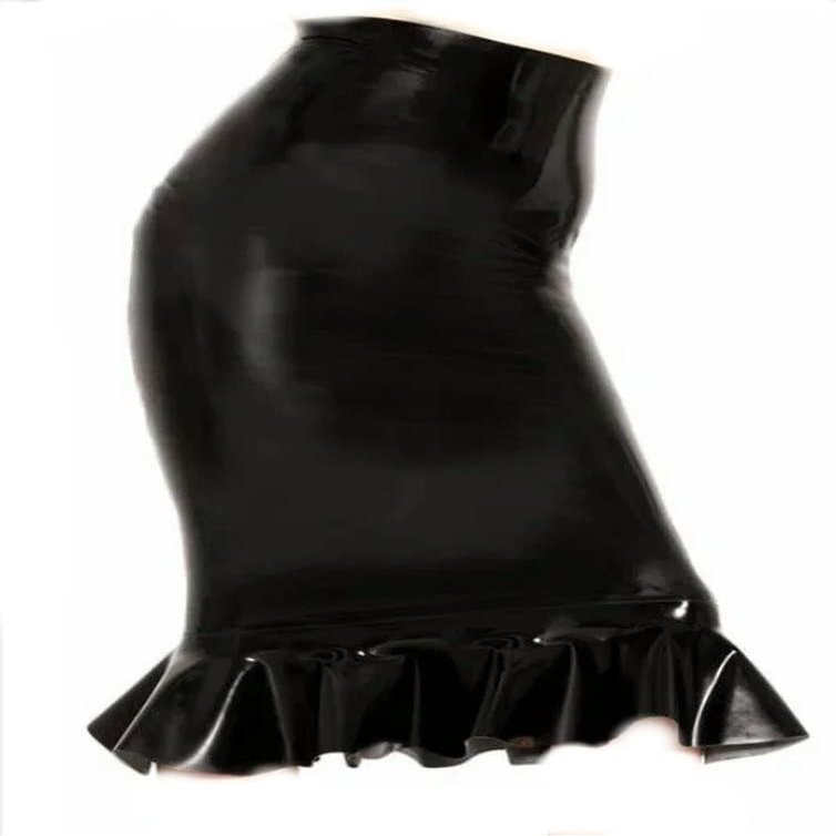 CHBYUOMLJIK 100% Latex Pencil Skirt with Frills Woman Latex High Waist Pencil Skirt With Lace Trim