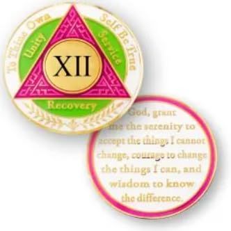 12 Year AA Recovery Coin, Pink, Green, White