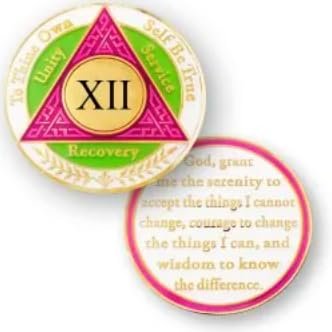 12 Year AA Recovery Coin, Pink, Green, White