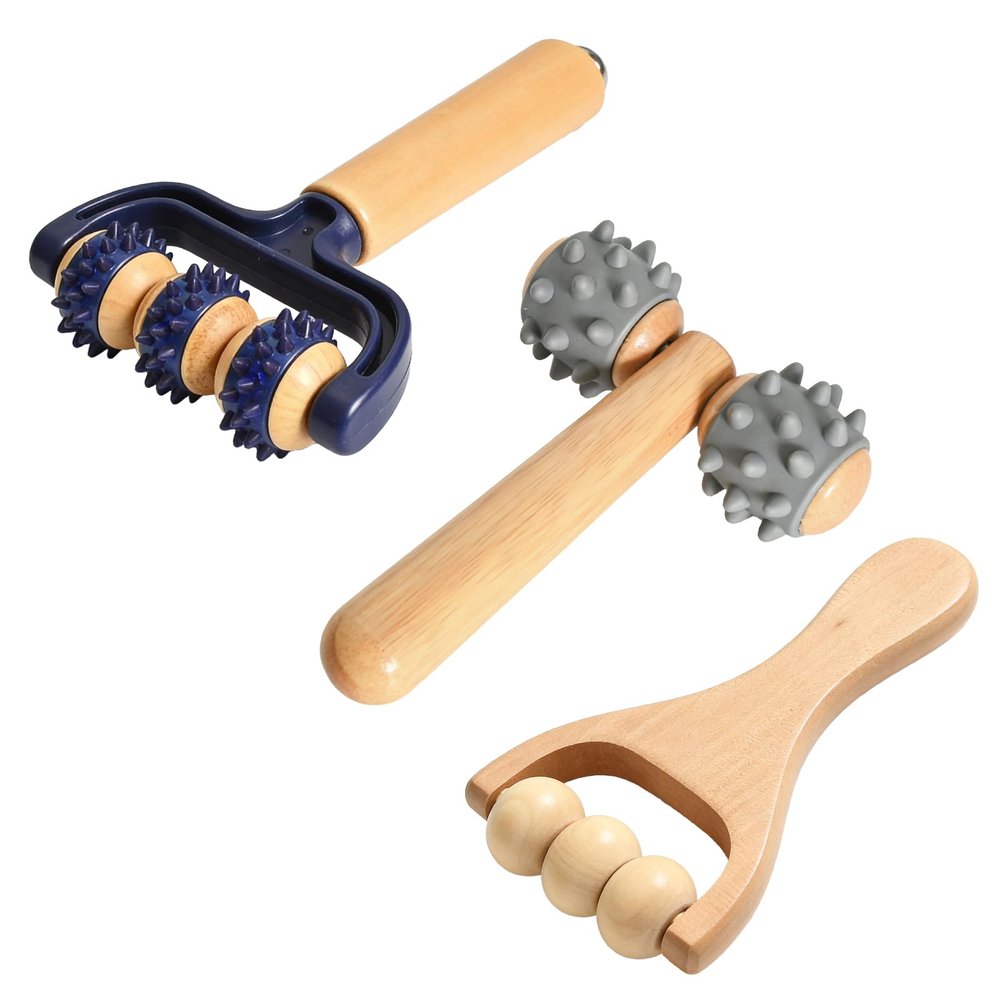 3 Piece Wooden Massage Roller Set with Handle, Portable Manual Muscle Roller for Back, Neck, Legs, Pain Relief & Deep Tissue Massage, Suitable for Home, Travel, Office and Gym Use