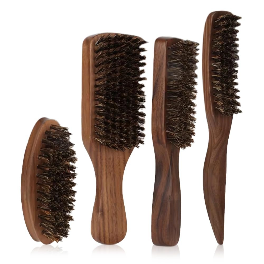 4-Piece Natural Wood Men's Beard Brush and Comb Gift Set - Premium Beard Grooming Kit with Styling Boar Bristle Brush, Barber Tools for Valentine's Day Christmas Gifts