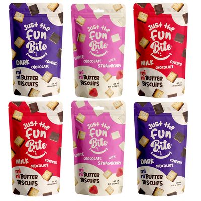 Just The Fun Bite Mini Butter Chocolate Biscuits Bites Variety Pack of 6x100g - Chocolate Biscuits Multipack, White Chocolate with Strawberry, Dark Chocolate, Milk Chocolate Cookies for Kids, Adults