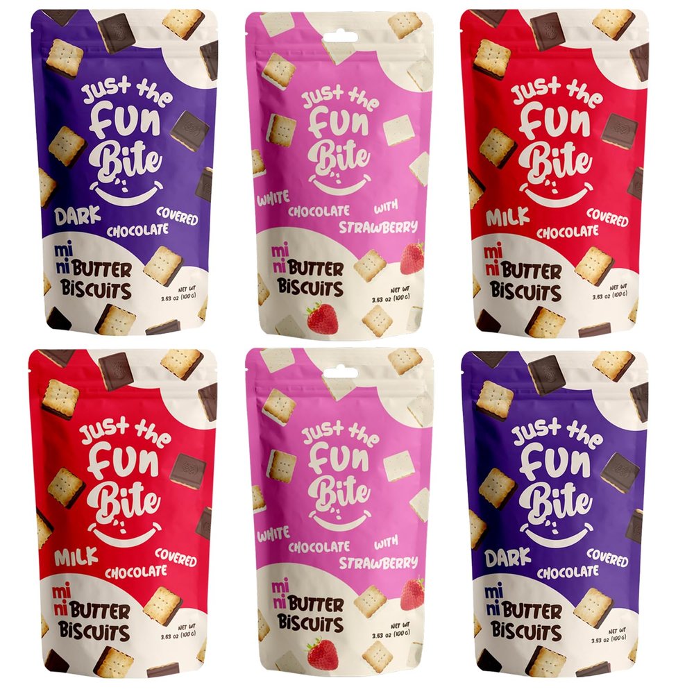 Just The Fun Bite Mini Butter Chocolate Biscuits Bites Variety Pack of 6x100g - Chocolate Biscuits Multipack, White Chocolate with Strawberry, Dark Chocolate, Milk Chocolate Cookies for Kids, Adults