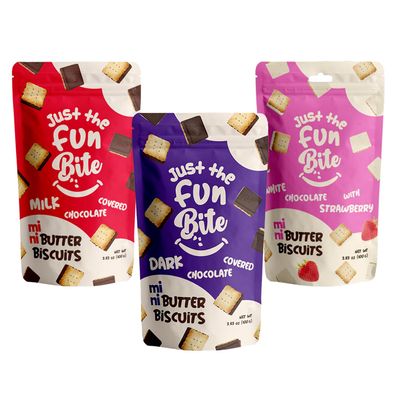Just The Fun Bite Mini Butter Chocolate Biscuits Bites Variety Pack of 3x 100g - Chocolate Biscuits Multipack, White Chocolate with Strawberry, Dark Chocolate, Milk Chocolate Cookies for Kids, Adults