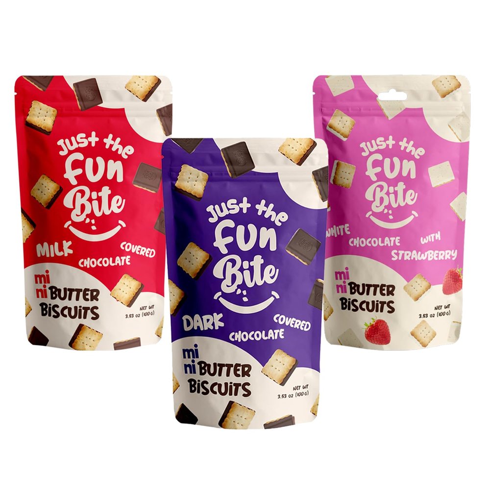Just The Fun Bite Mini Butter Chocolate Biscuits Bites Variety Pack of 3x 100g - Chocolate Biscuits Multipack, White Chocolate with Strawberry, Dark Chocolate, Milk Chocolate Cookies for Kids, Adults