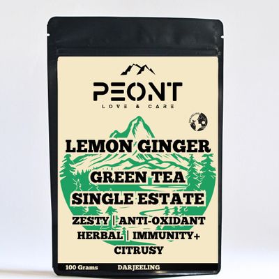 Peont Lemon Ginger Single Estate Green Tea, 100g, Antioxidant-Rich Citrusy Herbal Blend Warm & Soothing