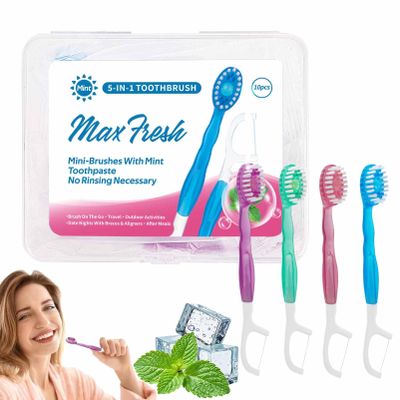 10PCS Disposable Toothbrush with Toothpaste,5-in-1 Portable Mini Toothbrushes Individually Wrapped Oral Care Set with Floss, Tongue Scraper & Pick,Mixed Flavors for Fresh Breath,Ideal for Camping Work