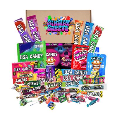 American Sweets Gift Box USA Candy Assortment, Mix of 50 Chewy & Sour Favorites By Simway Sweets