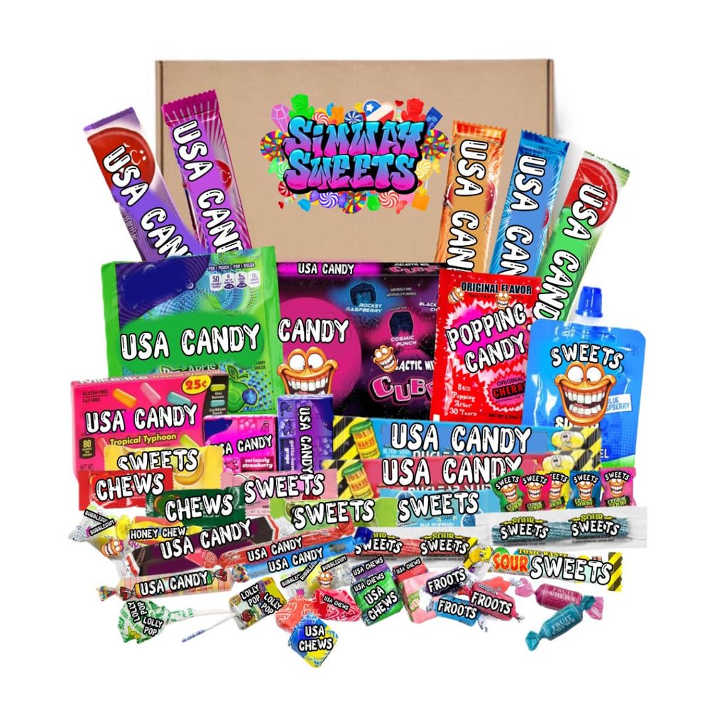 American Sweets Gift Box USA Candy Assortment, Mix of 50 Chewy & Sour Favorites By Simway Sweets