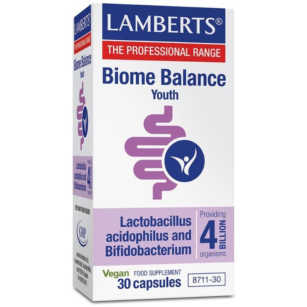 Lamberts Biome Balance Youth Capsules 30 4 Billion Live Bacteria Gentle Gut Support for Ages 12+ Vegan Delayed Release Capsules
