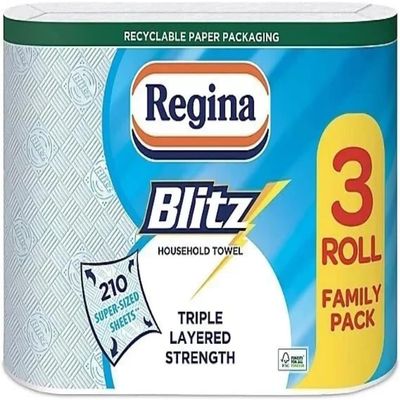 Blitz Kitchen Roll Paper Towels 3 Ply, Lint Free, 70 Sheets Per Roll, Extra Large Sheets for Household Cleaning, Glass, Glossy Surfaces (W, 6 Rolls)