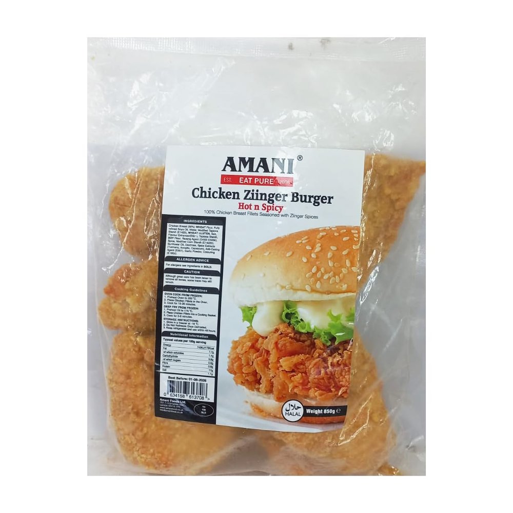 Amani Hot N Spicy Chicken Ziinger Burger 850g 100% Chicken Breast Fillets Seasoned with Ziinger Spices Crispy Juicy Frozen Ready to Cook Pack of 1